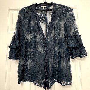 Ghost London Navy Blue Sheer Floral Lace V-Neck  Blouse